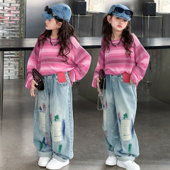 2024 Spring/Autumn Girls' Denim Jeans: Stylish New Arrival Kids' Casual Ripped Dad Pants – Mid-to-Large Size Spring Wear Pants