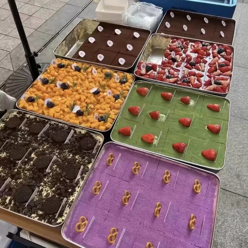 British Baking Tiramisu Tray Stainless Steel Rectangular Square Plate Cake Baking Pan Container Box Plate with Lid