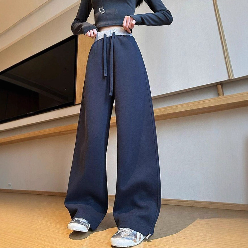 撞色高腰弯刀香蕉卫裤女秋季美式松弛感藏青色裤子束脚运动阔腿裤|undefined