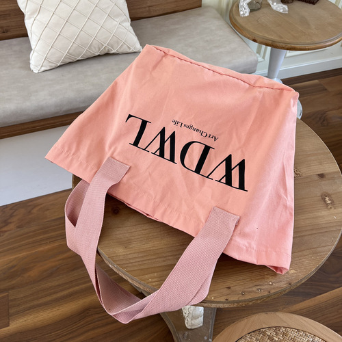 Korean chic salmon pink tote canvas bag ins new versatile letter retro large capacity shoulder bag
