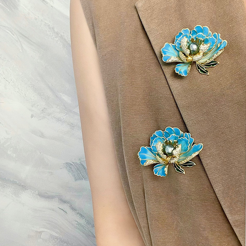 DIY accessories national style peony flower brooch women's high-grade enamel painted classical temperament pin pearl corsage empty holder