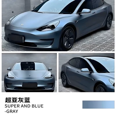 Car color change film Tesla — Auto Color Change Film - ultra-matte-gray-blue-nationwide-sticker-application-included-five-year-warranty-imported-materials-default-item