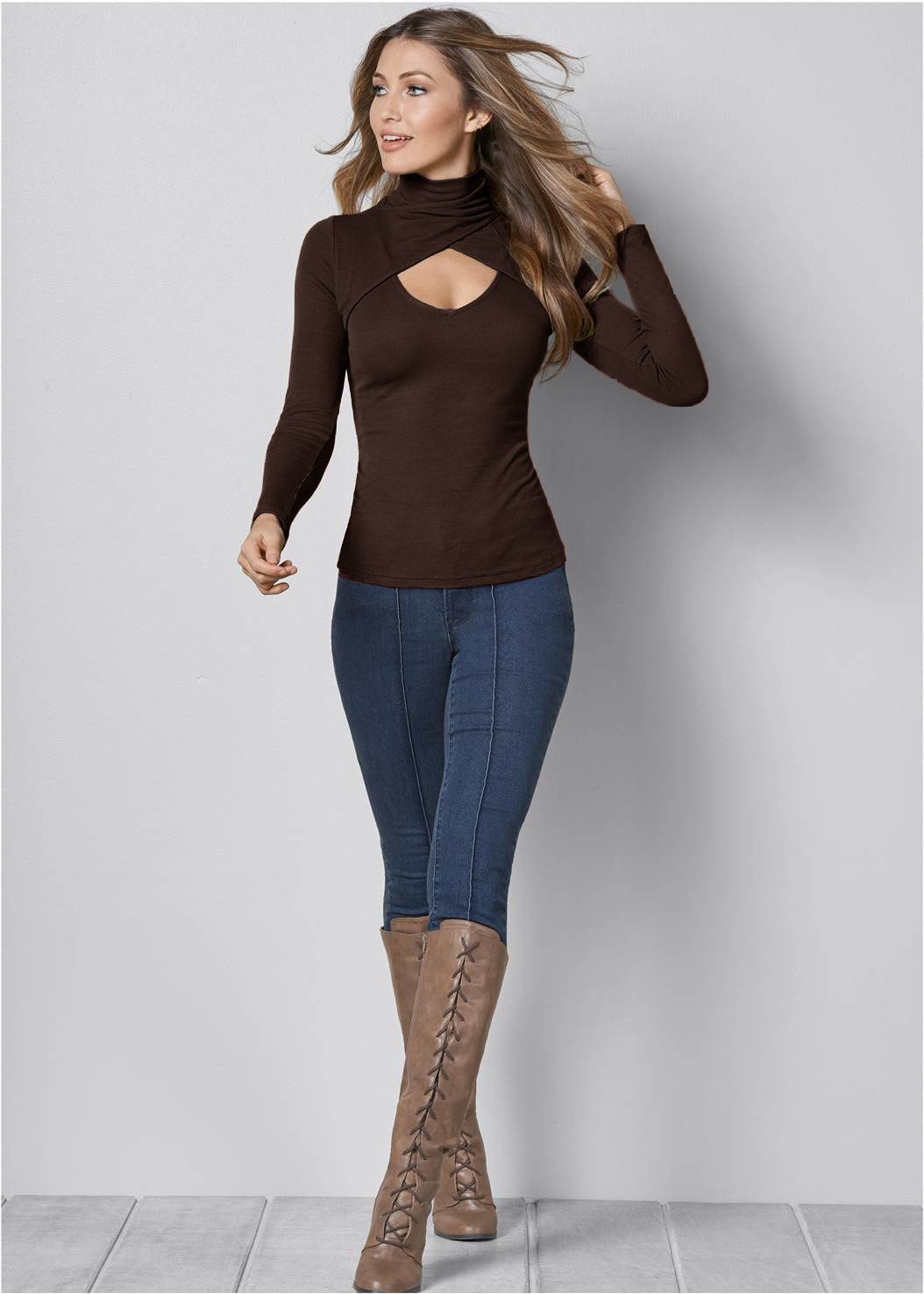 solid color slim high-neck hollow long-sleeved T-shirt nihaostyles clothing wholesale NSMDF81525