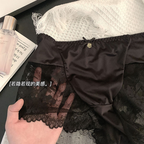 Women's plus size underwear high waist and belly-controlling sexy lace mesh splicing ice silk satin mulberry silk crotch fat MM boxer briefs