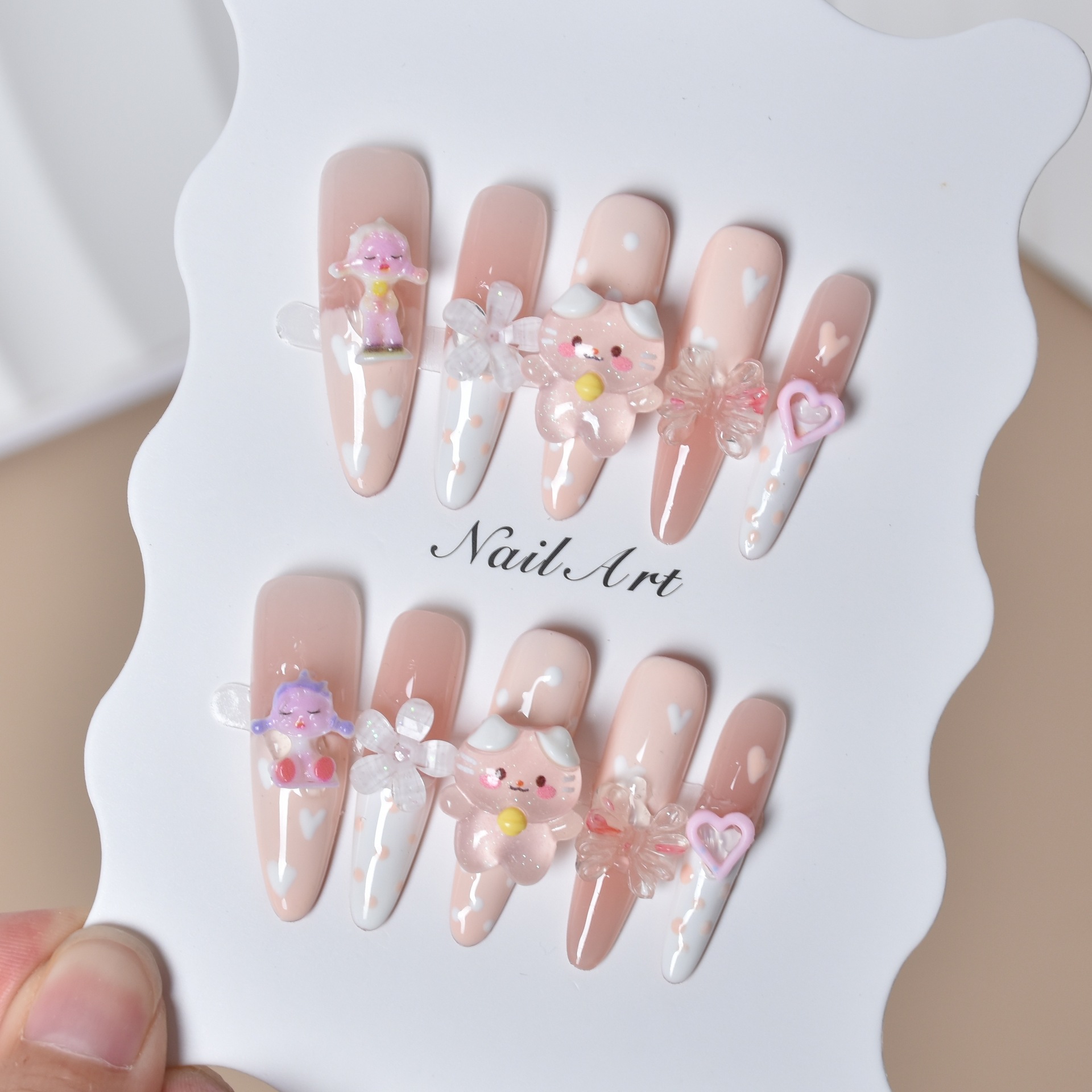 Caricatura encantadora larga mano de uñas hechas a mano pura mano de los estudiantes de uñas de uñas pegatinas desmontables