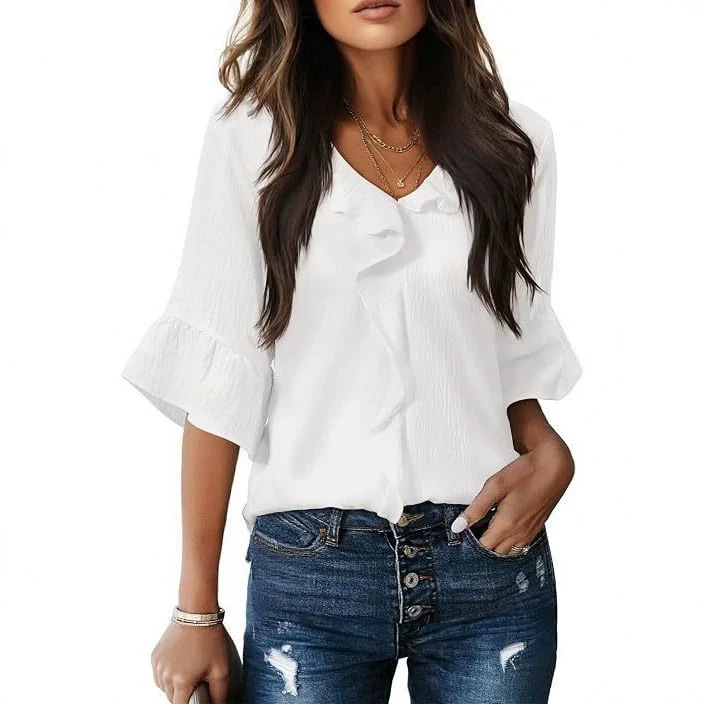 European and American cross-border Amazon TikTok 2026 fashion new 3/4 sleeve ruffled lantern collar casual top