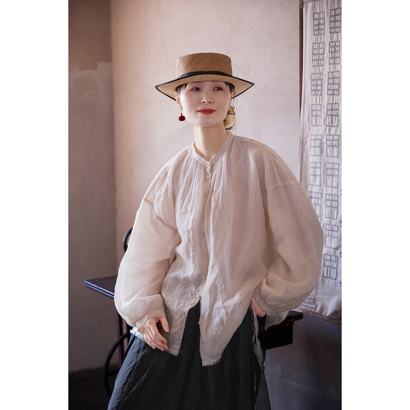 秋の文芸風レトロオリジナル婦人服チーズ色オーガンジー薄手透け防止涼感中華風カジュアルシャツ|undefined