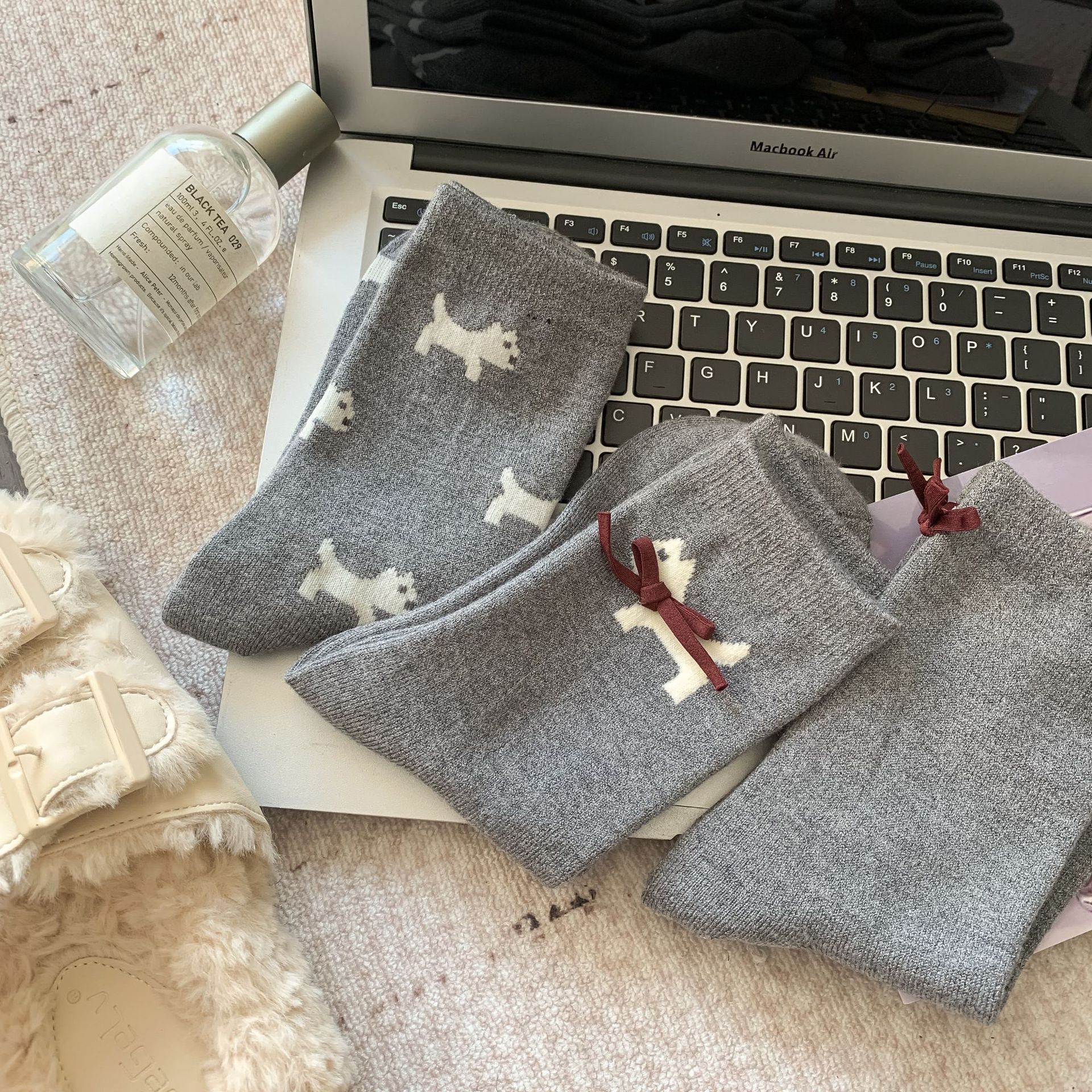 灰色格雷系襪子女秋冬加厚保暖小狗堆堆襪兔絨蝴蝶結堆堆襪少女襪