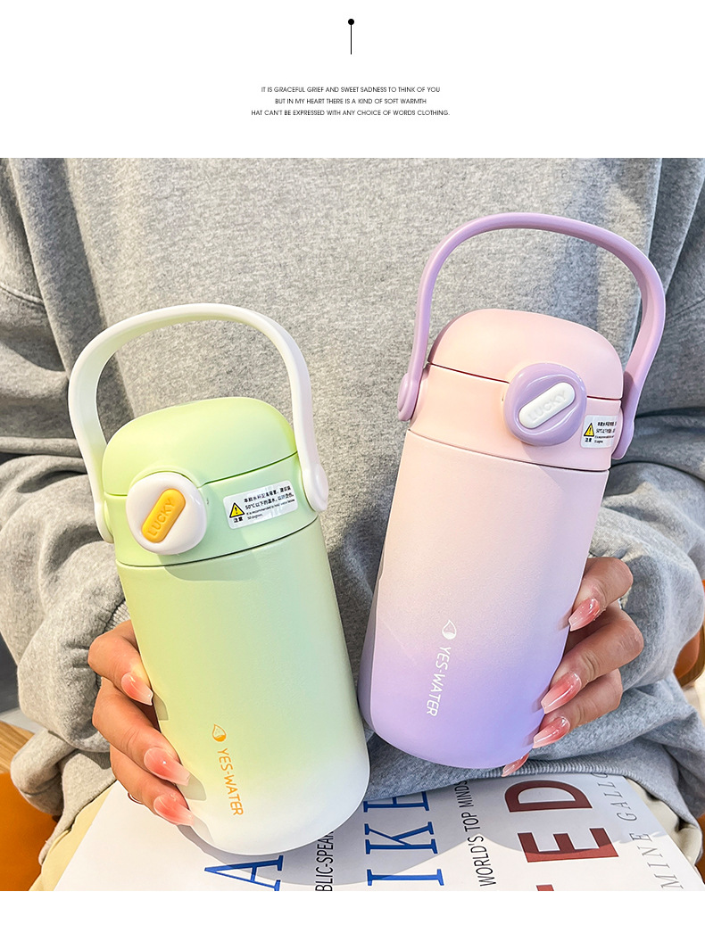 Wholesale of high-appearation-level, simple and insulated water cups, convenient carrying rings, double-drinking, creative gradient student sports travel cups pic 38
