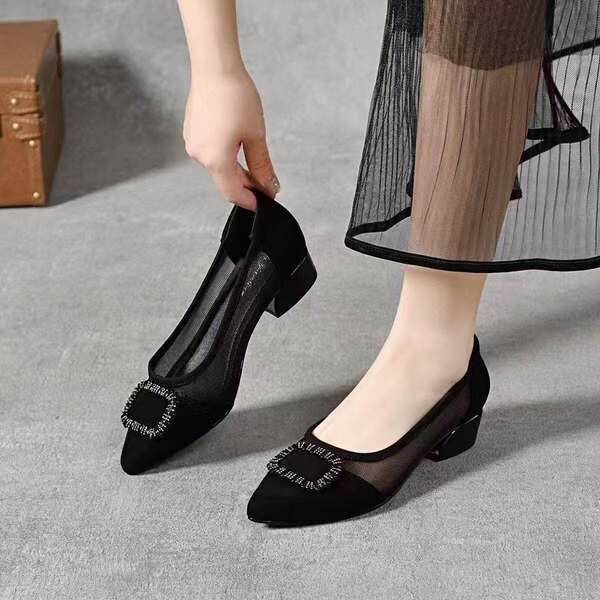 Sandal nữ mũi nhọn chất da, gót thô 3 cm, đế mềm thoáng khí — Đen 3cm