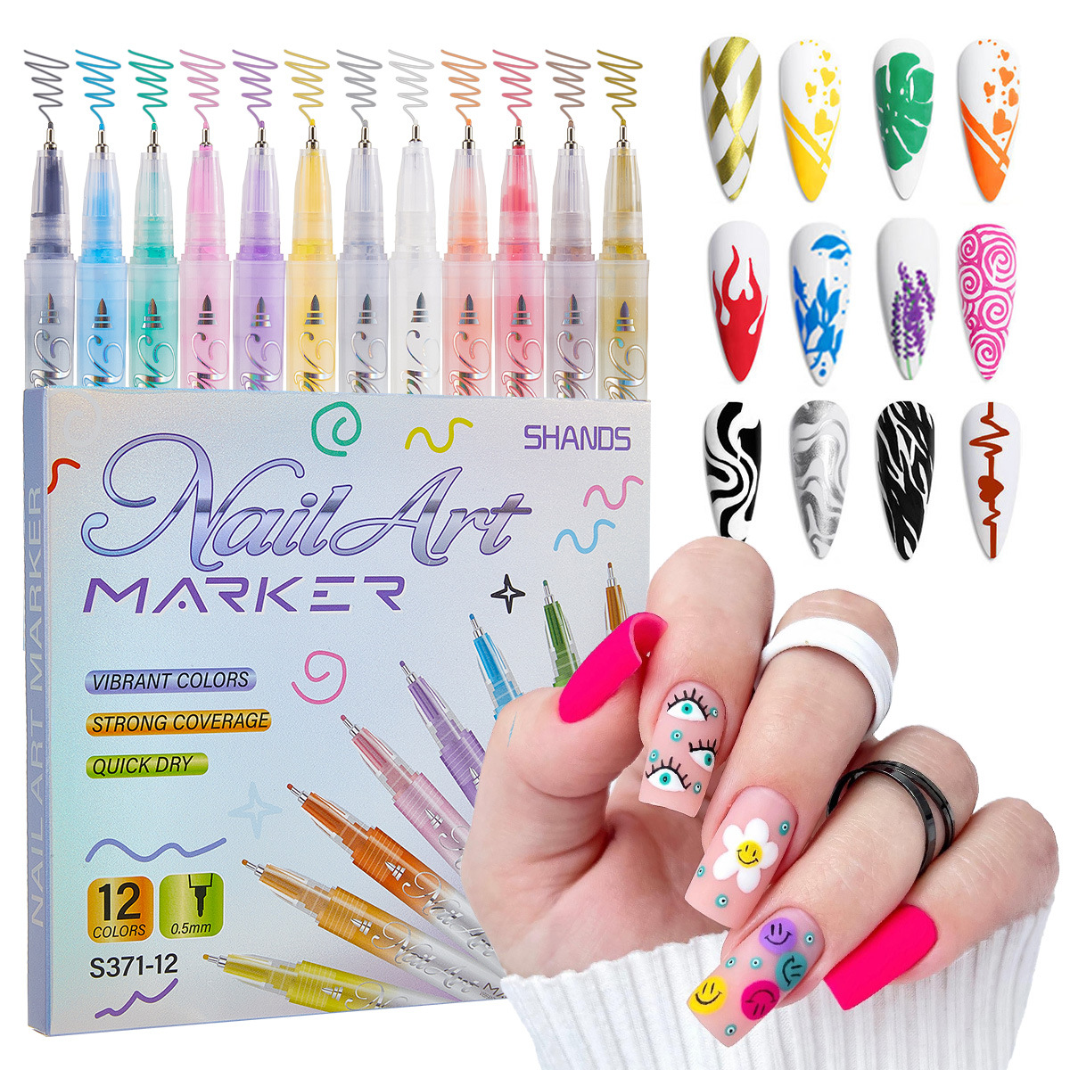 Hand-Painted Nail Art Graffiti Needle Pen, Colorful Acrylic Ink, Quick-Drying, Waterproof, Outlining and Detailing DIY Nail Painting Pen 0.5