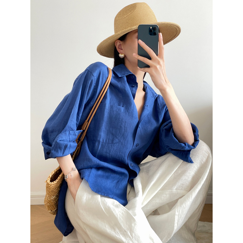 Original Row Goods ~ Klein Blue Linen Long-Sleeved Shirt for Women Spring and Summer Loose Lazy Style High-End Top