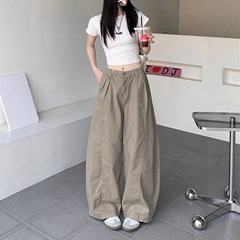 弯刀牛仔裤小个子休闲百搭卡其色阔腿裤秋季美式复古宽松拖地裤子