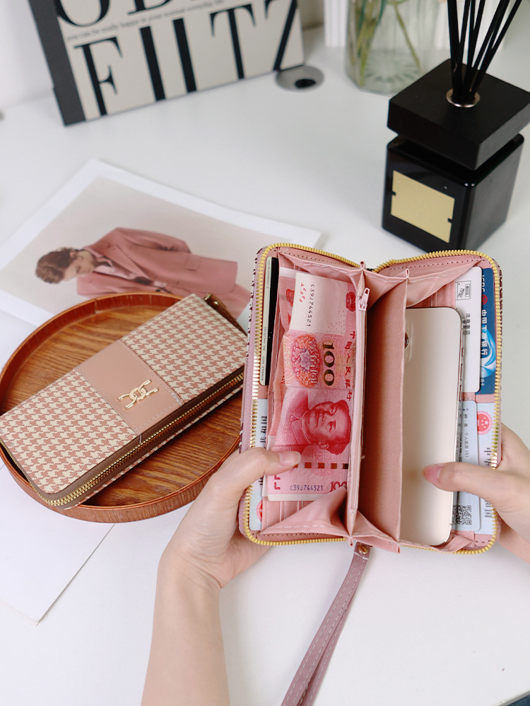 Etiqueta transfronteriza nueva billetera de mujer de pata de gallo billetera larga con estampado de cremallera billetera de moda bolso de tarjeta de teléfono móvil