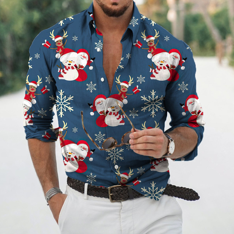 Cross-Border Hot-Selling 3D Long-Sleeve Shirt Christmas Series Hawaiian Loose Plus-Size Autumn and Winter Men's Top Loose Fit