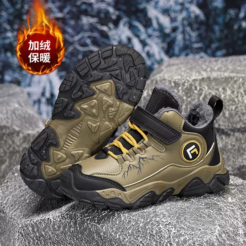 2025冬季大棉加绒儿童保暖棉鞋中大童皮面防水防滑耐磨男童运动鞋