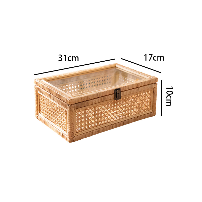 Cesta de almacenamiento de tejido de caña con cubierta de bambú rectangular caja de almacenamiento doméstica tela de mano tela de tela de