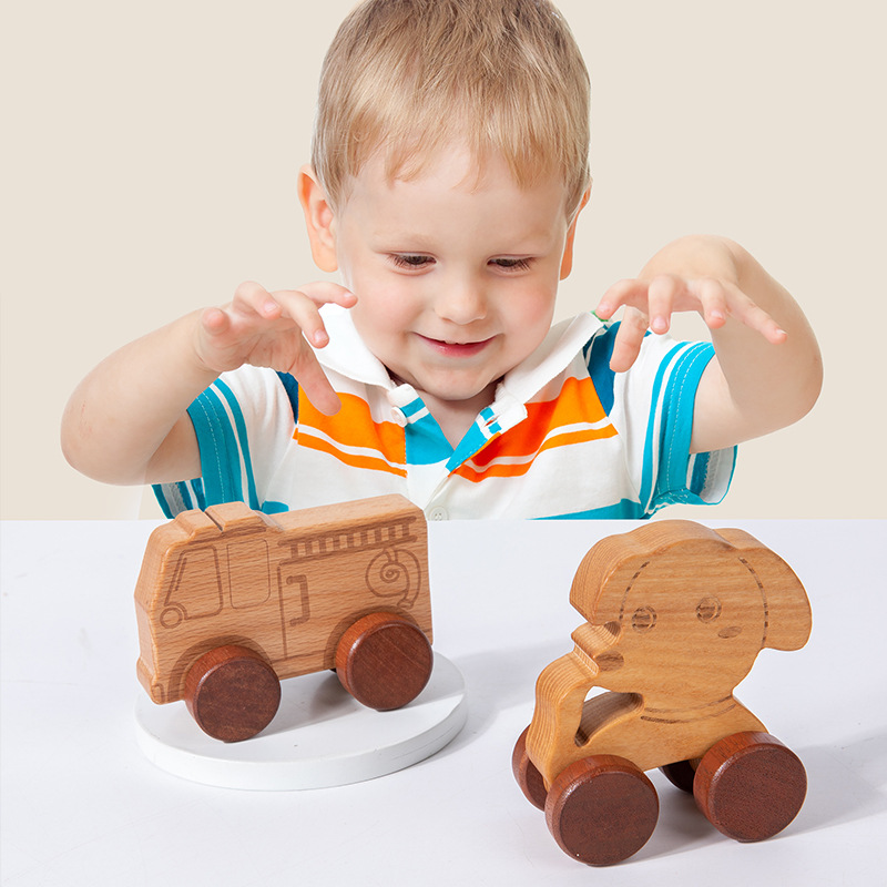 儿童动物交通工具原木抓握手推小车榉木惯性小车玩具成长礼物玩具
