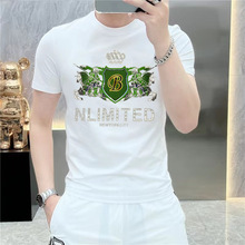 圆领短袖T恤男夏季韩版新款冰丝烫钻帅气青年修身半袖打底衫