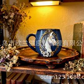 跨境宫廷风镶钻马头浮雕马克杯 轻奢华丽马术主题桌面杯163