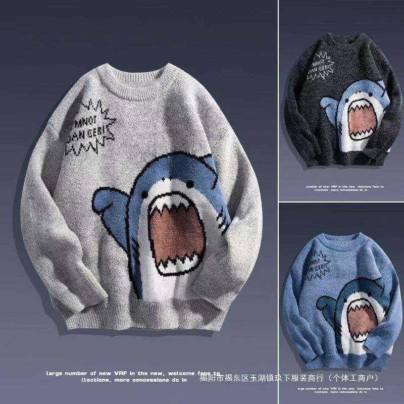 Autumn and Winter Japanese-Style Cartoon Shark Round-Neck Couple Sweater for Men, Loose Korean Version Knit Top with Shark Embroidery