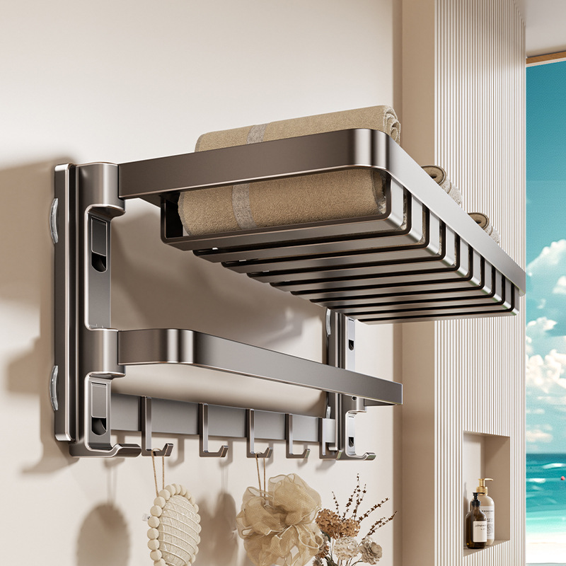 Multifunctional Bathroom Storage Rack, Wall-Mounted Towel Bar, Nail-Free Strong Folding Mesh Towel Rack