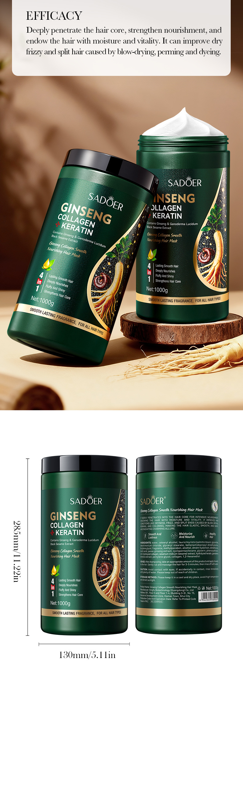 SADOER Ginger Ginseng Polygonum Multiflorum Strong Hair Mask Nourishing Hair Conditioner 1000g_voghion.com