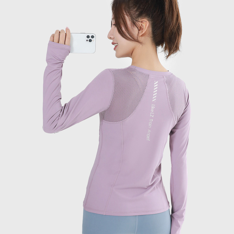 Ropa deportiva belleza espalda malla ropa de Yoga de manga larga deportes top de las mujeres cuello redondo slim fit de secado rápido correr deportes camiseta