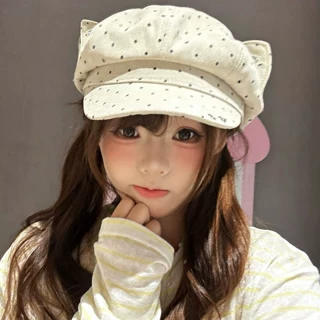 可爱猫耳朵波点贝雷帽子女春夏显脸小八角帽遮阳百搭报童帽画家帽
