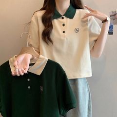 大码polo领正肩短袖t恤女夏季2025新款胖mm休闲宽松显瘦遮肉上衣