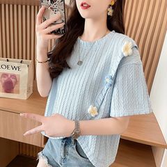 不規則なデザイン感半袖tシャツ女性夏2025新型ゆるい小柄な短いタイプのフォークの小さな上着