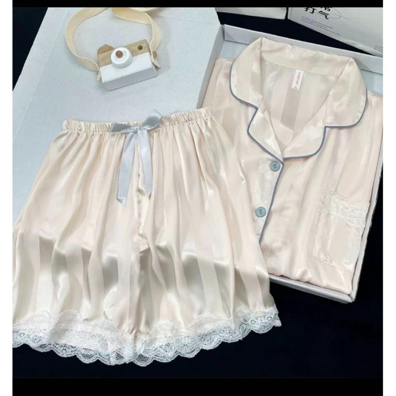 더블 짧은 레이스 살구색 스트라이프