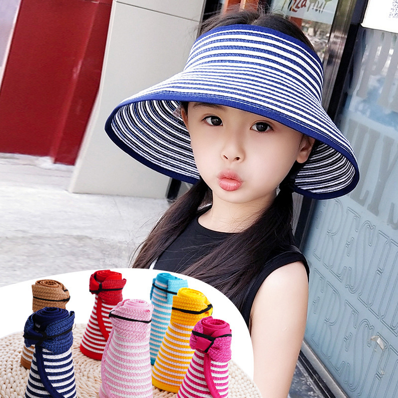 夏季儿童遮阳帽子韩版时尚潮条纹透气太阳草帽男女宝宝沙滩空顶帽