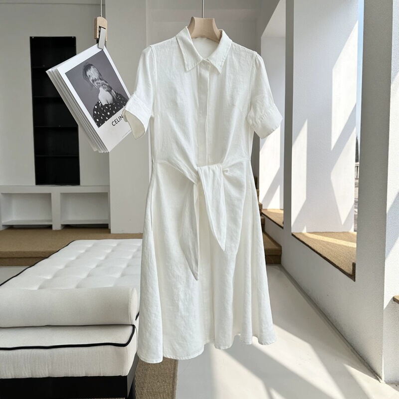 Summer Casual Versatile Lace-Up Breathable Linen Lapel Dress, Perfect for Those Who Sweat Easily 11802