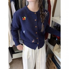 韩款刺绣小狗设计针织衫外套女秋冬外搭慵懒软糯减龄毛衣开衫上衣