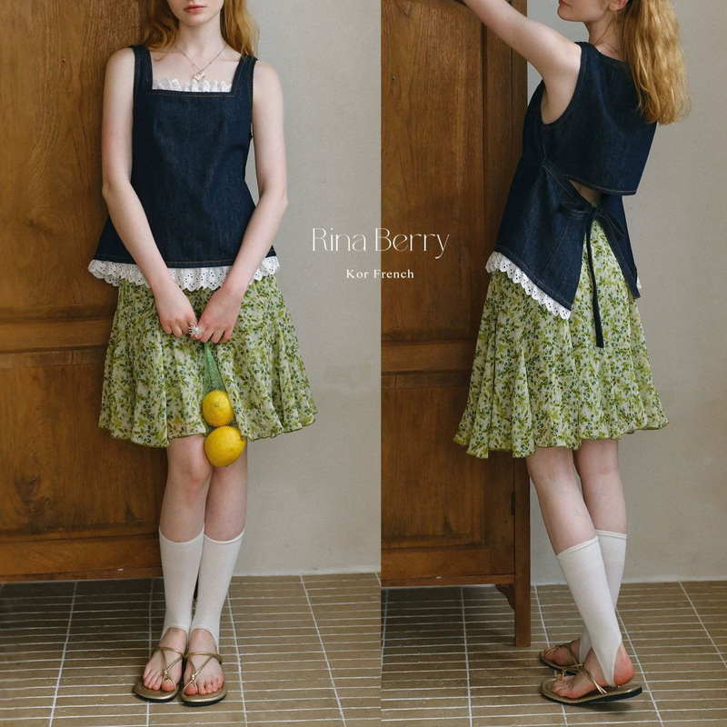 Rina Berry Lace Patchwork Denim Camisole Summer Square-Neck Sleeveless Lace Slimming Outer Top