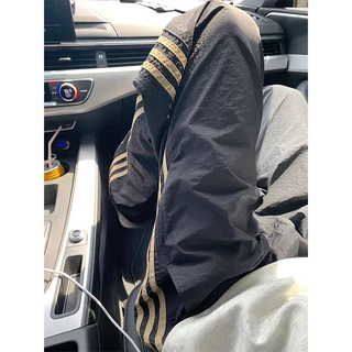 慵懒风垂感条纹尼龙速干裤男夏季薄款美式r冲锋裤三条杠工装裤子