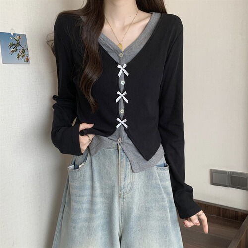 MR Original Design Early Autumn Two-Piece Color Blocking V-Neck Slimming Loose Casual Versatile Long-Sleeve Cardigan Top