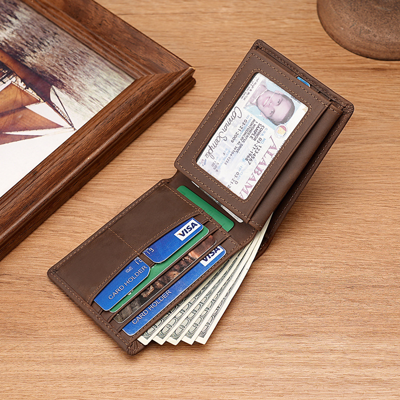 New men's wallet crazy horse leather leather Europe and the United States money clip RFID carbon fiber grain cowhide men's anti-magnetic card holder_voghion.com