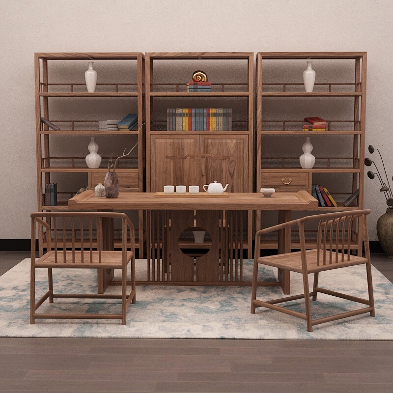 New Chinese Style Small Apartment Calligraphy and Painting Table Bookcase Study Furniture Set Combination Tea Room Tea Space Tea Table Dual-Purpose