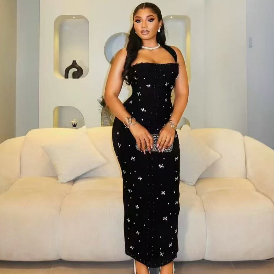 Aliexpress 2025 Foreign Trade Women's Sexy Halterneck Suspender Diamond-Encrusted Heavy-Duty Hip-Hugging Dress Pearl Bandage Dress