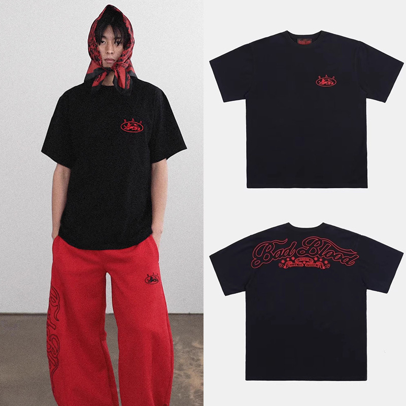 South Korea badblood American Couple Short Sleeve Top Loose Casual Street Retro Men's and Women's Crewneck Embroidered T-Shirt
