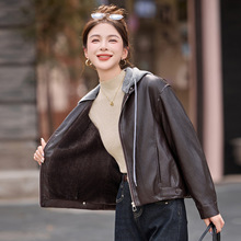 连帽皮衣外套女2025冬季新款宽松时尚加绒保暖休闲皮夹克 YB8962