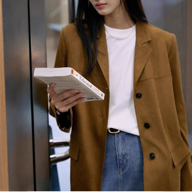 预售复古拼接仿麂皮西装外套女秋季设计感气质通勤西服外套|undefined