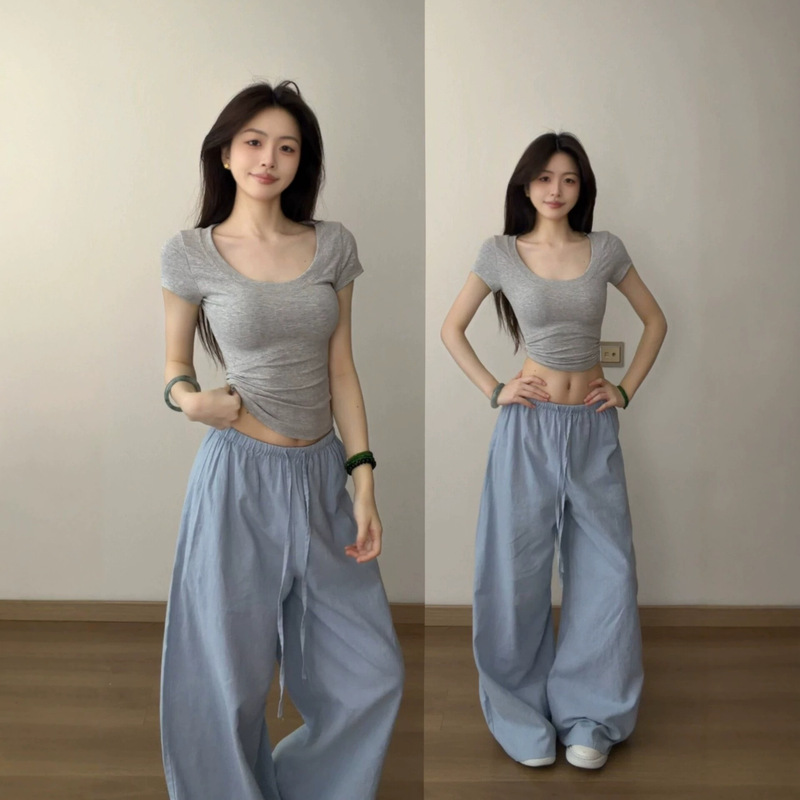 American-Style Spicy Girl Basic U-Neck Short-Sleeve T-Shirt for Women, Summer 2026, High-End Slim-Fit Waist-Cinching Top