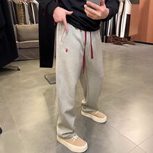 冬季轻奢刺绣加绒直筒休闲裤男潮流重磅撞色时尚弹力运动卫裤中腰