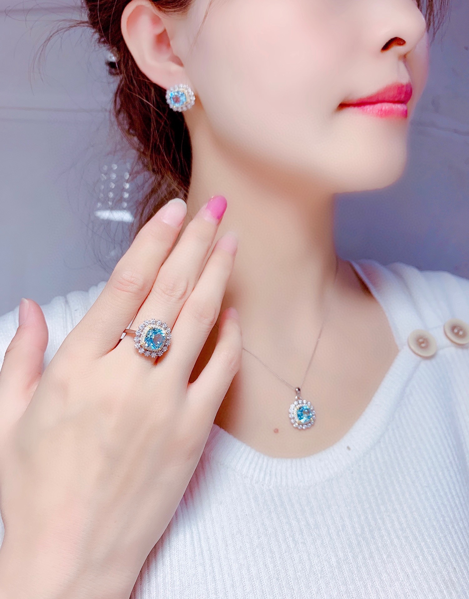 Internet Celebrity Live Streaming Imitation Natural Colorful Crystal Stone Suit Sky Blue Topaz Necklace Ring Eardrops Stud Earrings Female display picture 2