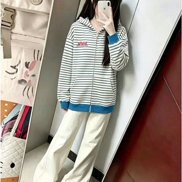 Autumn and winter outfit: a complete set of striped hooded sweatshirt, women's cardigan jacket, and white flared jeans set for women