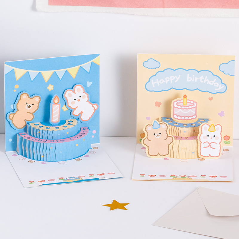 ins同款韩风可爱小熊小兔生日蛋糕卡通创意纪念立体贺卡生日礼物
