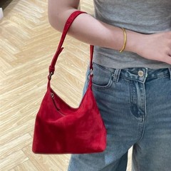 红色磨砂牛皮托特包女vintage中古腋下单肩包大容量麂皮绒水桶包